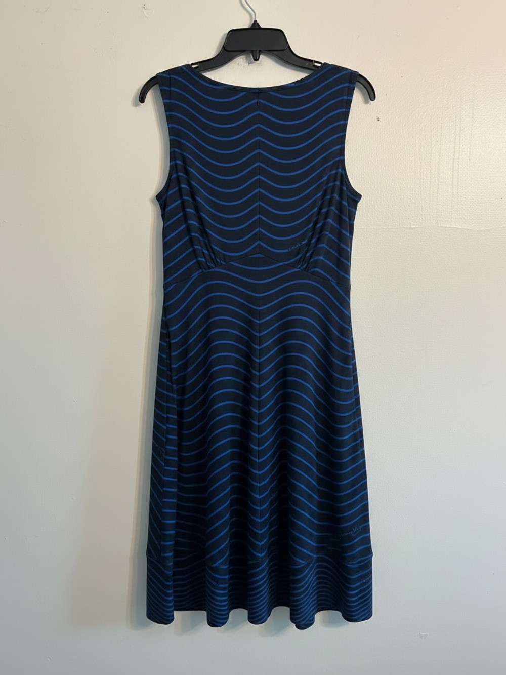 Tory Burch Midi Dress Womens Large Black Blue Silk Stretch Wavy Stripe V-Neck - Picture 3 of 9
